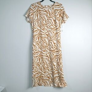 L NWT Nine West Brown Zig Zag Print Midi Stretch Tee Dress